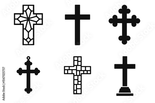 Set of six black cross silhouettes - diverse christian symbol designs vector icon isolated illustration