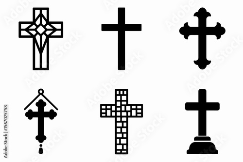 Cross icon collection: diverse designs of christian symbolism in black and white vector icon isolated illustration
