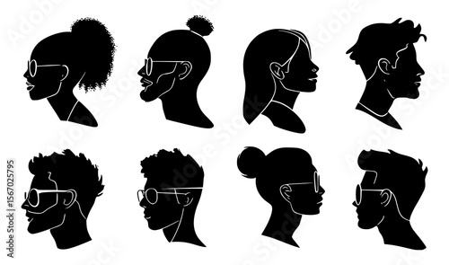 Diverse People Profile Silhouettes. Modern Human Head Side View Avatars Collection.