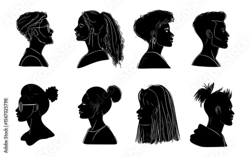 Diverse People Profile Silhouettes. Modern Human Head Side View Avatars Collection.
