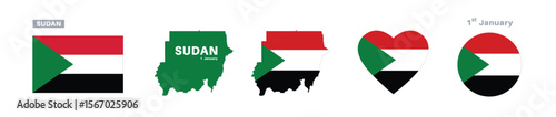 sudan flag and map set. sudan flag in official colors and proportions. independence day 1 january , map, circle and heart shaped sudan 