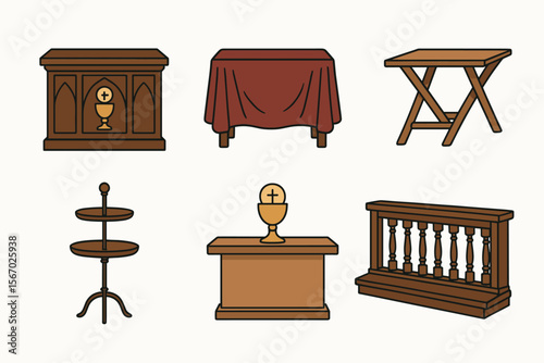 Church furniture icons set - altar, table, lectern, railing, communion cup vector icon isolated illustration