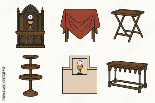 Assorted religious furniture with chalice motifs vector icon isolated illustration