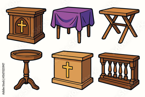 Set of cartoon wooden pulpits and tables with cross designs vector icon isolated illustration