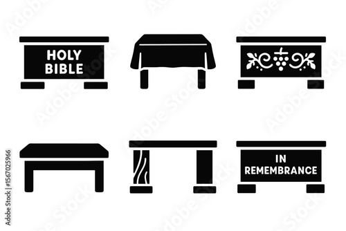 Silhouette set of tables and religious symbols for worship and remembrance vector icon isolated illustration