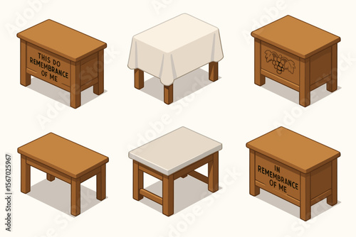 Variety of wooden communion tables with different designs and decorations vector icon isolated illustration