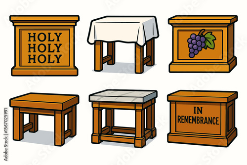 Church furniture set with inscriptions and designs vector icon isolated illustration