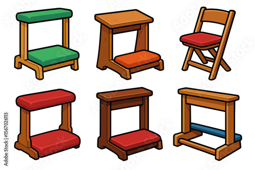 Colorful wooden chairs collection with cushioned seats vector icon isolated illustration