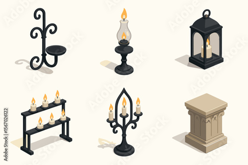 Collection of vintage candle holders and pedestal design vector icon isolated illustration