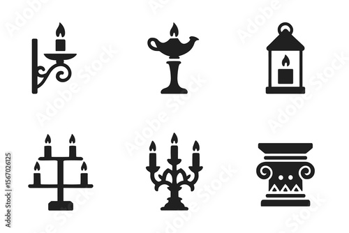 Vintage candle holders and lantern silhouettes set vector icon isolated illustration