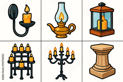 Vintage candle holders and lanterns collection vector icon isolated illustration