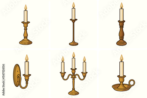 Six elegant candle holders displaying various designs and styles vector icon isolated illustration