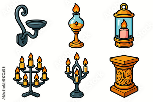 Variety of candle holders and lamps with lit candles vector icon isolated illustration