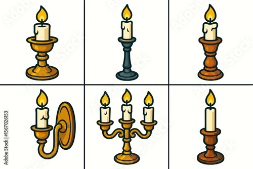 Illustrated candle holders and candelabra collection vector icon isolated illustration