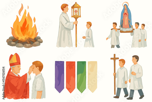 Religious ceremony: fire, clergy, procession, blessing, cross vector icon isolated illustration