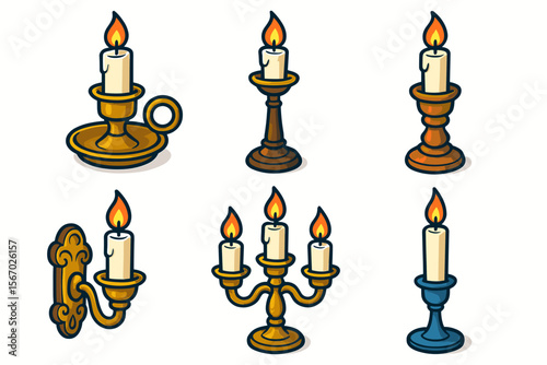 Decorative candle holders with lit candles on various stands vector icon isolated illustration