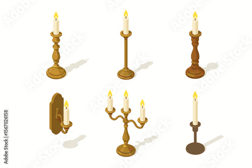 Isometric candle holders collection with lit candles on white background vector icon isolated illustration
