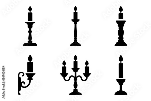 Silhouette collection of classic candlesticks and candelabrum designs vector icon isolated illustration