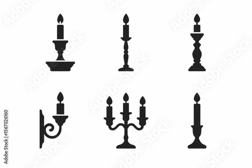 Vintage candle holders collection: decorative wall and table designs vector icon isolated illustration