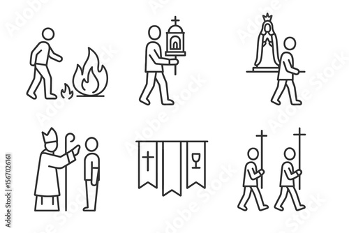Religious symbol line icons - fire, procession, statue, clergy, symbols vector icon isolated illustration