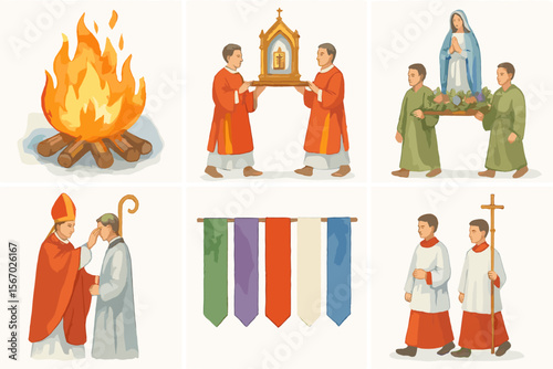Religious ceremony scenes with clergy and procession elements vector icon isolated illustration