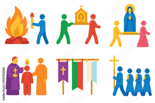 Religious processions and ceremonies with iconic symbols and figures vector icon isolated illustration