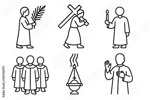 Christian symbolic figures illustrations with cross, candle, incense, palm, clergy vector icon isolated illustration