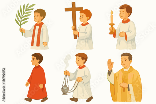Illustrated young caucasian male acolytes in various liturgical attire vector icon isolated illustration