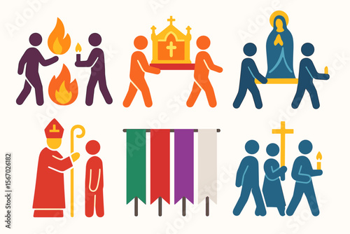 Religious procession icons with people and symbols vector icon isolated illustration
