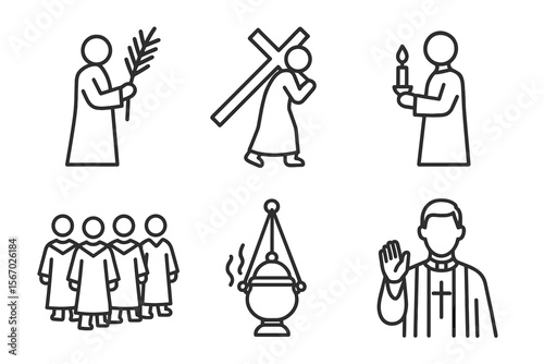 Simple religious symbols of christianity: priest, jesus, candle, cross, palm, incense vector icon isolated illustration