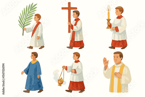 Young caucasian male altar servers in liturgical attire with religious symbols vector icon isolated illustration