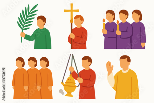 Illustration of religious ceremony with participants holding symbols vector icon isolated illustration