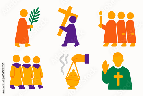 Flat religious icon set: priests, cross, and ceremonies in bright colors vector icon isolated illustration