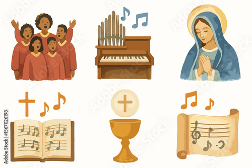 Christian symbols: choir, organ, praying woman, bible, chalice, music notes vector icon isolated illustration