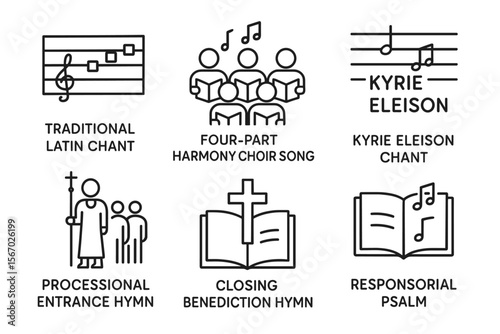 Traditional latin chant and hymns icons featuring choir and hymn book illustrations vector icon isolated illustration