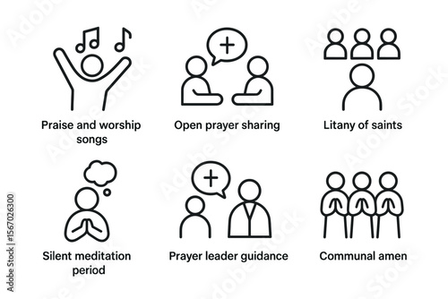 Religious community icons: worship, prayer, meditation, and guidance vector icon isolated illustration