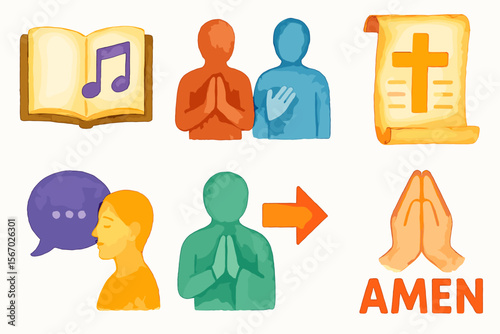 Watercolor religious symbols and icon set with praying figures and amen text vector icon isolated illustration