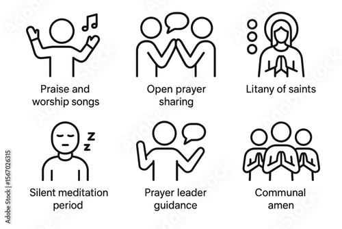 Icons for worship activities: prayer, meditation, praise, communal amen, litany vector icon isolated illustration