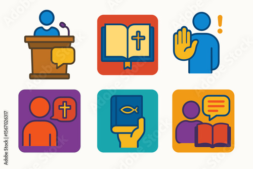 Religious education icons — speaker, bible, discussion, teaching, christianity, worship vector icon isolated illustration