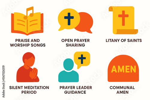 Religious worship icons including cross, prayer, and meditation vector icon isolated illustration