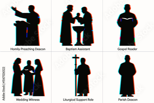 Roles in church: deacon homily, baptism, gospel reading, wedding witness vector icon isolated illustration