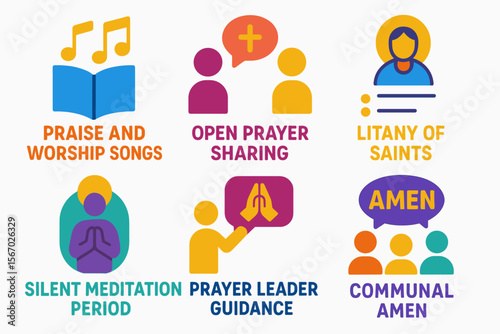 Religious service icons featuring prayers and songs vector icon isolated illustration