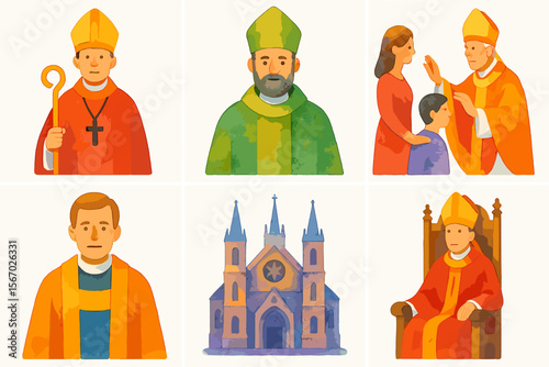 Catholic church illustrations with clergy and cathedral elements vector icon isolated illustration