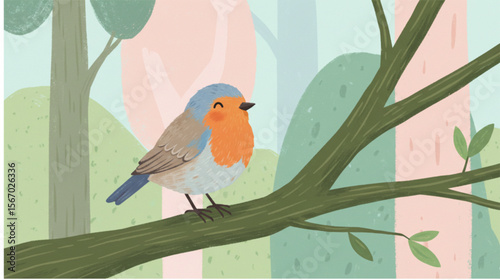 Charming robin perched on a branch set against a simple, pastel forest backdrop, perfect for nature-themed designs and children's products.