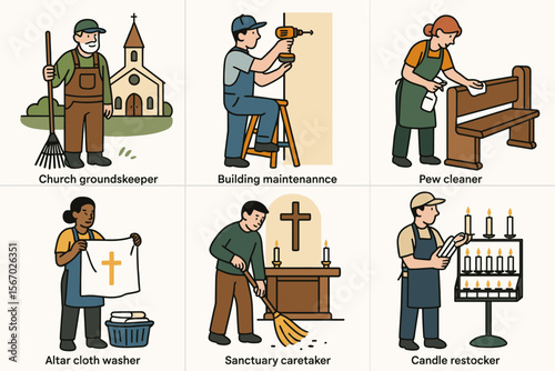 Church workers performing various maintenance and cleaning tasks vector icon isolated illustration