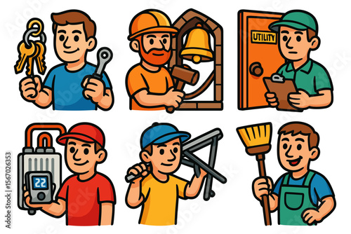 Cartoon male workers with tools: diverse professions and equipment vector icon isolated illustration