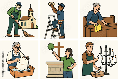 Church community volunteers performing maintenance and cleaning tasks vector icon isolated illustration