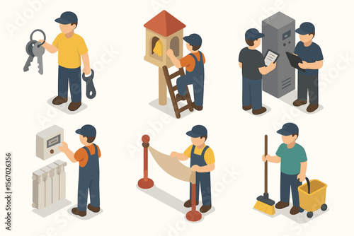Isometric male workers performing various maintenance tasks vector icon isolated illustration