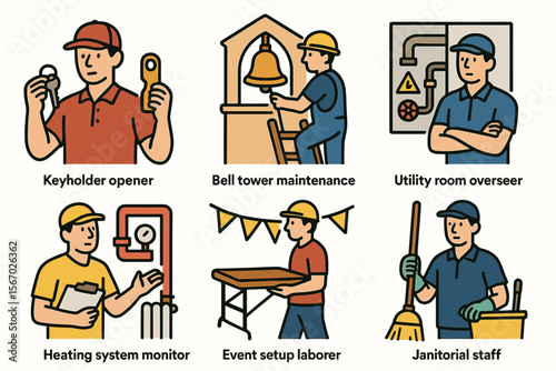 Diverse occupations illustration: maintenance, setup, janitorial, utility, heating, keyholder vector icon isolated illustration