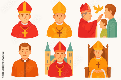 Catholic symbols: bishops, cardinals, clergy and rituals vector icon isolated illustration